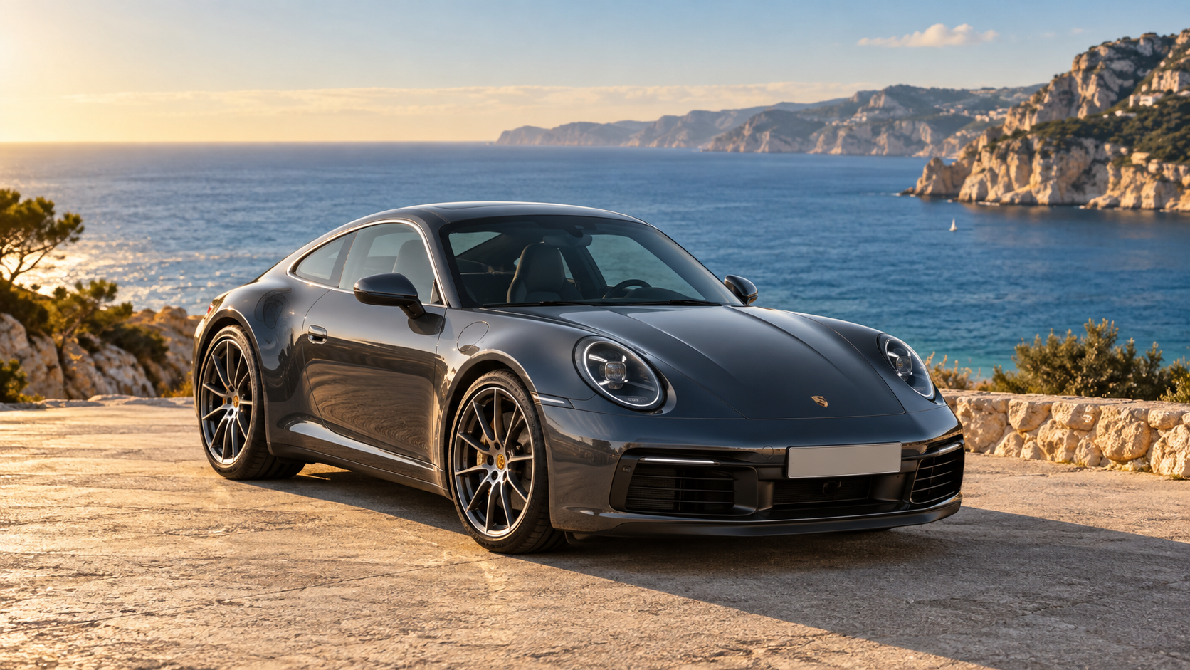 Illustrative graphite Porsche 911 Carrera on a coastal turnout